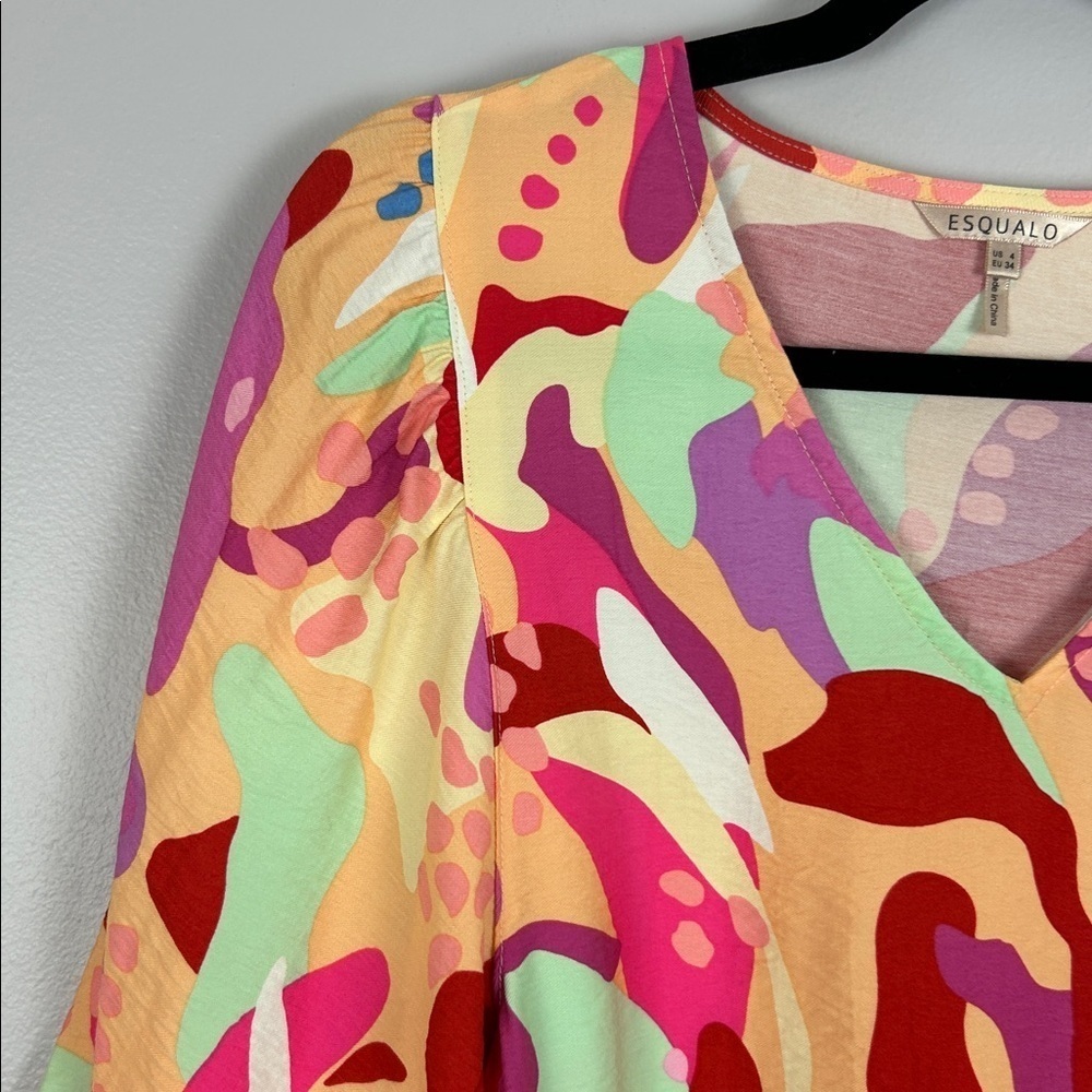 Esqualo Heat Wave Boho Retro Colourful Balloon Sleeve Blouse Size 4 Pink Orange - Picture 6 of 14